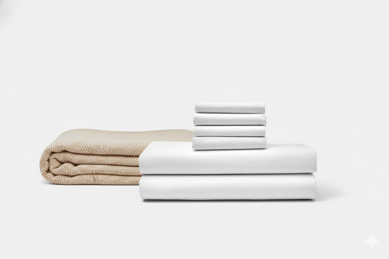 Bedding bundle with beige blanket and white sheets