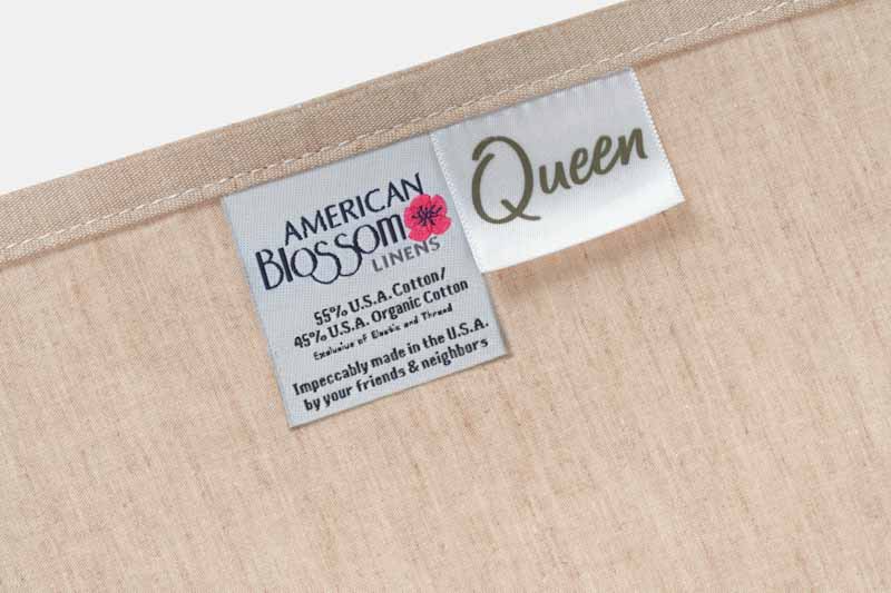 Closeup of Hem and Tag Foxfibre Colored Bed Sheet Set Natural Cotton Made in USA