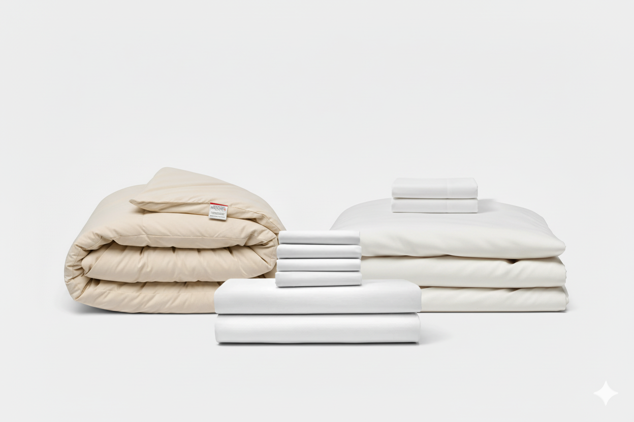 Bed sheet and duvet bundle in white and natural
