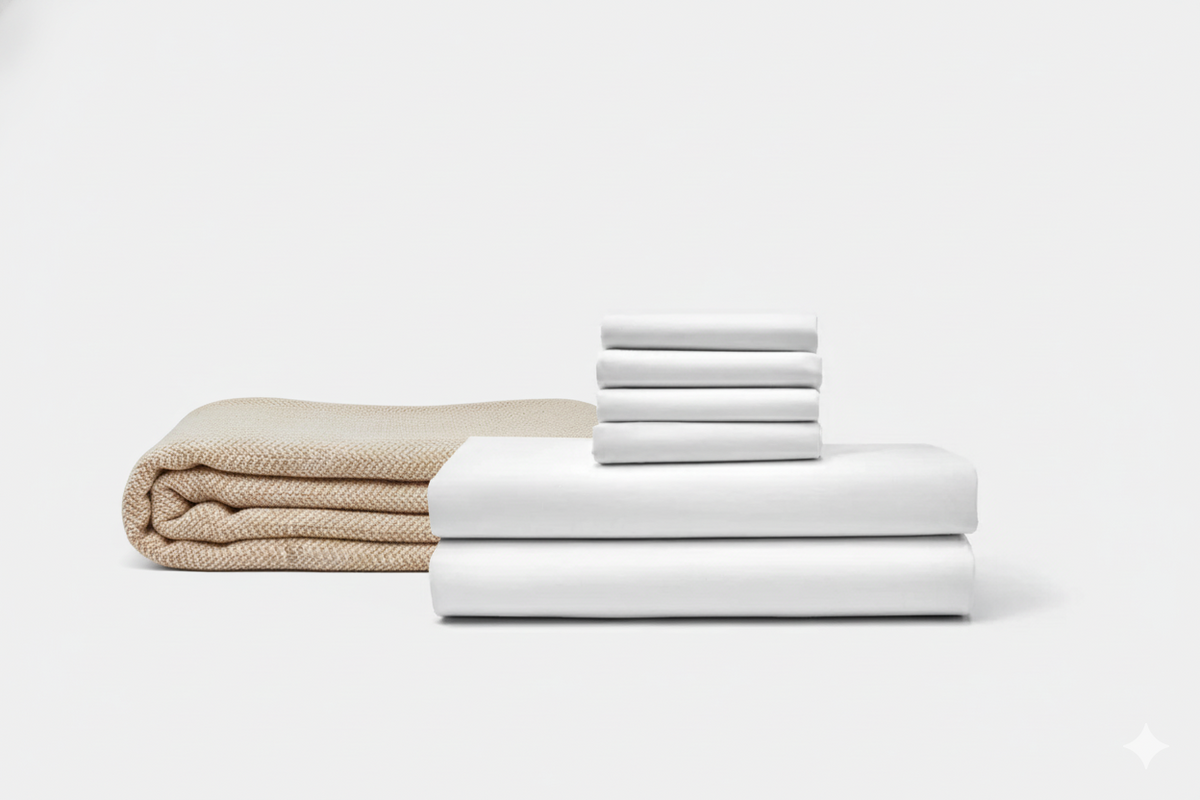 Bedding bundle with beige blanket and white sheets