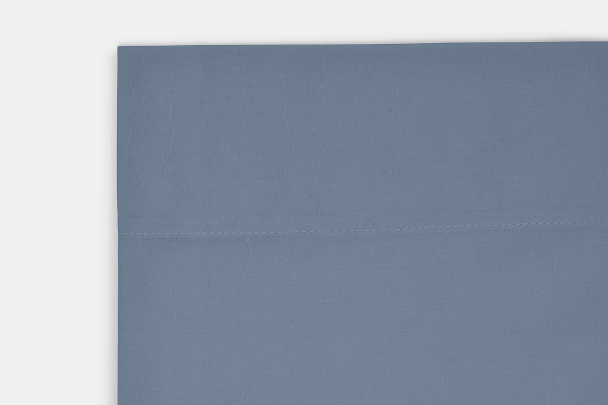 Closeup of Hem Color Chesapeake Blue Bed Sheet Set Percale Natural Cotton Made in USA