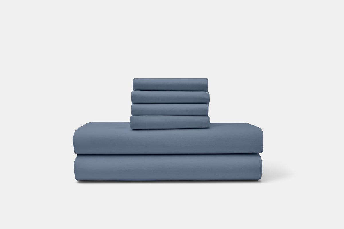 Sheet Set Stack Color Chesapeake Blue Bed Sheet Set Percale Natural Cotton Made in USA