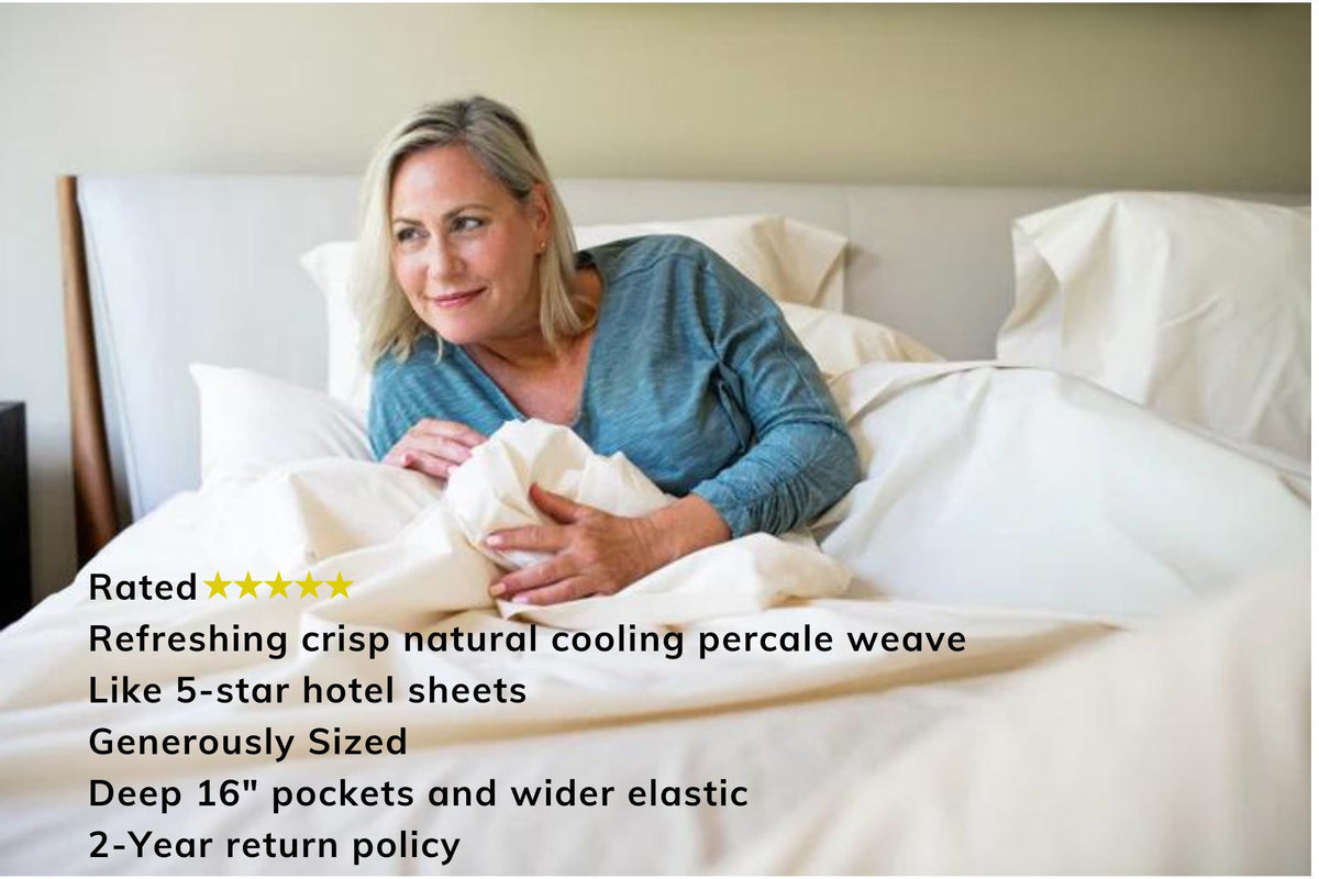 Woman in Bed Reviews Color Natural Bed Sheet Set Percale Natural Cotton Made in USA