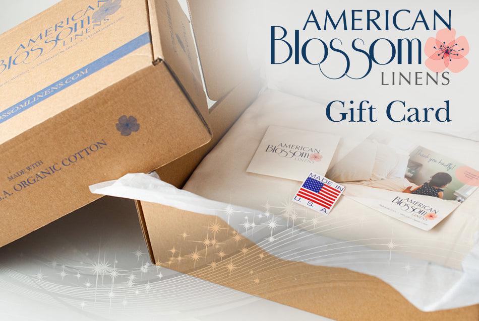 American blossom linens gift card and box.