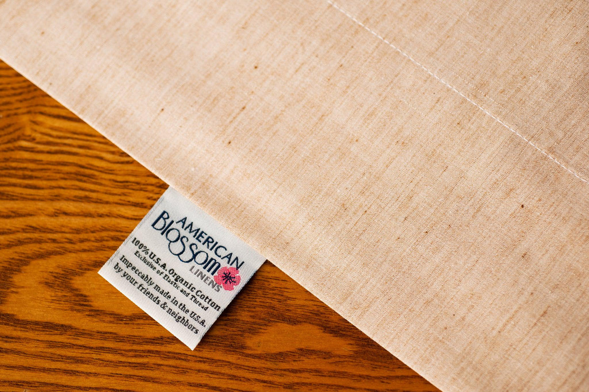 Organic Pillowcase showing the American Blossom Linens Pillowcase Tag.
